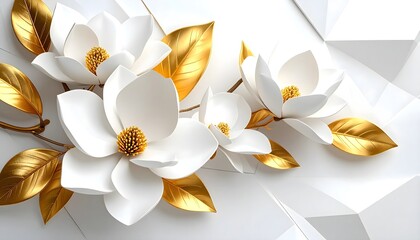 Elegant 3D white magnolia flowers with golden leaves on abstract geometric white background.