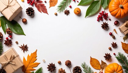 Obraz premium Festive autumn celebration with gifts and decorations cozy home setting image composition natural elements aerial view seasonal vibes