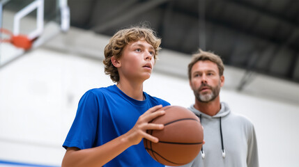 Young basketball player with coach during training session in indoor gymnasium