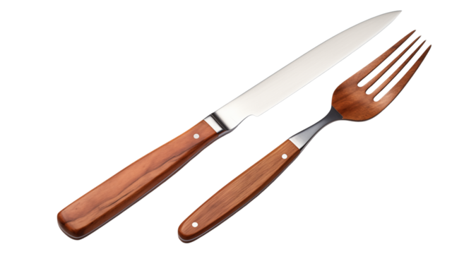 Elegant Wooden Handle Cutlery: Knife and Fork Set transparent background png