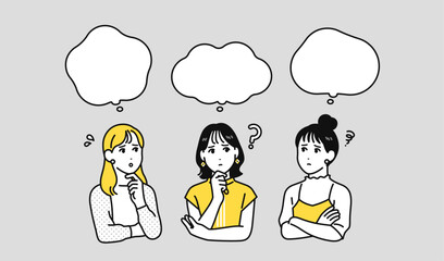 悩む 考える 若い女性 ふきだし セット