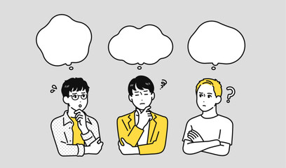 若い男性 悩む 考える 吹き出し セット