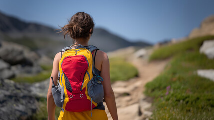 Female hiker with red backpack walking on mountain trail with scenic landscape view