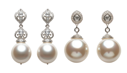 Elegant Pearls and Diamonds Earrings Set with Intricate Silver Design