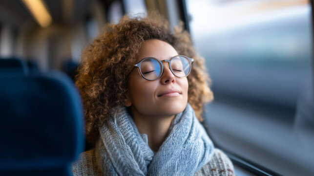 Thoughtful woman with curly hair and glasses enjoying peaceful moment during train or bus journey