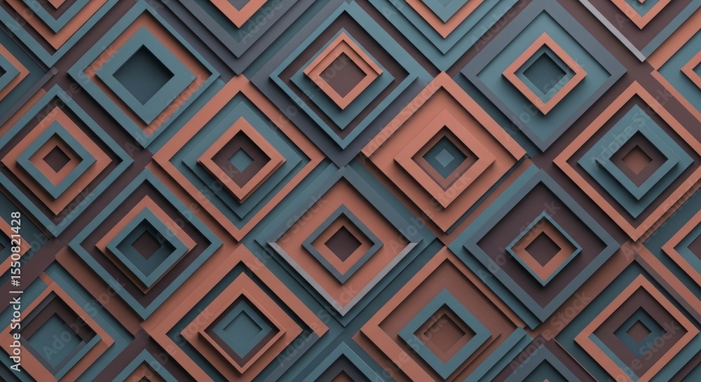 Poster a repeating pattern of layered, nested diamonds in shades of blue and brown, creating a geometric, t