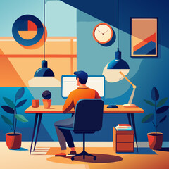 Illustration of a man working at a desk in an office