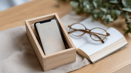 Green technology concept with smartphone in sustainable packaging surrounded by natural office elements