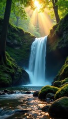 Obraz premium Sunlit cascade plunges into mossy forest pool, trees, leaves