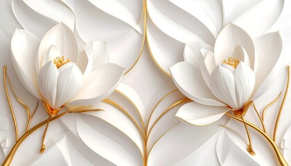 3D embossed white petals and golden stems on layered wavy background, symmetrical composition, premium floral decor.