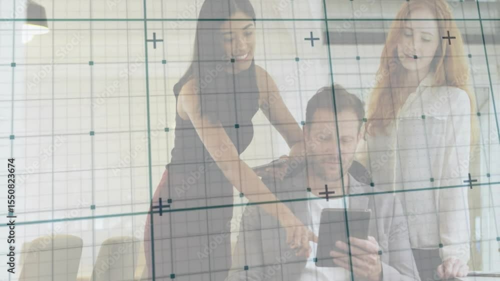 Aufkleber man tapping tablet and colleagues leaning pointing grid overlay and agreeing on business strategy