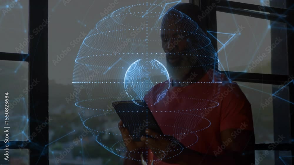 Aufkleber tech expert lifting tablet by window and generating rotating holographic globe with network lines