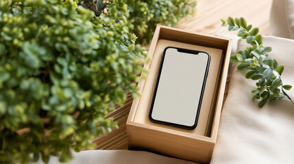 Smartphone in wooden box with green plants showing sustainable technology packaging and eco friendly design