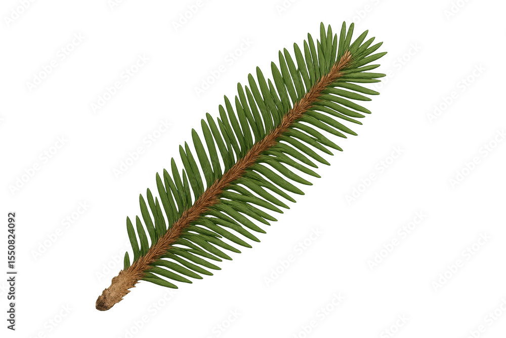 Poster realistic 3d rendering depicting isolated fir branch spreading green needles against transparent bac