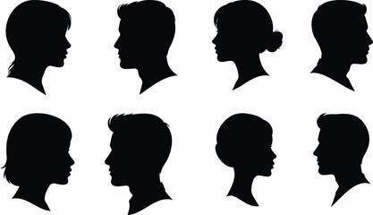 Collection of Eight Black Silhouettes of Male and Female Heads in Profile View