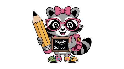 Cute Cartoon Raccoon Girl Ready for School with Pencil and Chalkboard