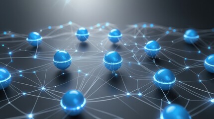 A futuristic, high-tech visual background featuring a complex network of interconnected nodes, depicted as glowing blue spheres with thin, pulsing white lines radiating from each center