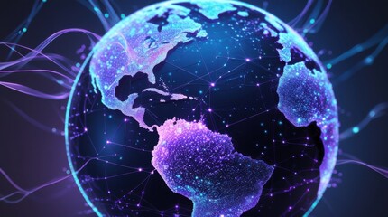A mesmerizing abstract globe, illuminated with a network of vibrant, glowing digital connections, resembling a intricate web of circuitry, with swirling patterns of blue and purple hues