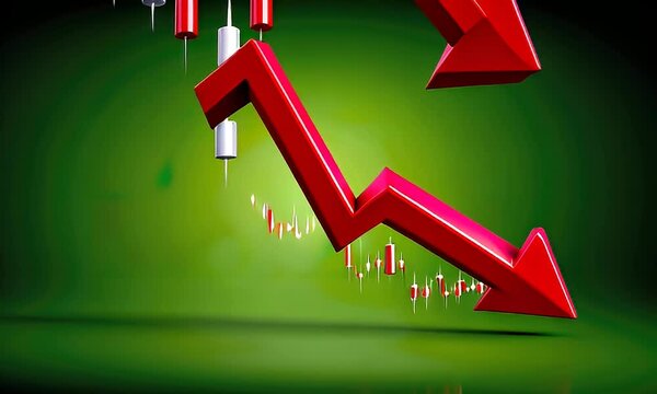 Red downward arrow graph with candlestick chart on green background illustrating stock market decline
