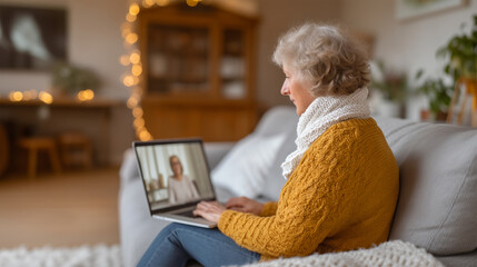 Elderly female participating in virtual meeting from cozy home office with warm lighting atmosphere