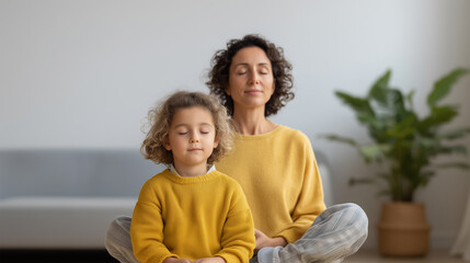Mother and daughter in matching yellow sweaters practicing mindfulness meditation together at home