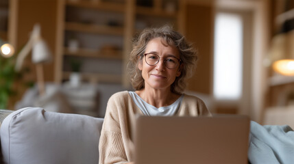 Senior woman with glasses working from home on laptop showing remote work and digital literacy