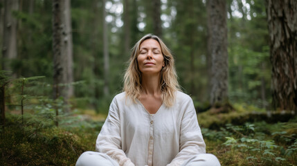 Peaceful woman meditating with closed eyes in serene forest setting for mindfulness and nature therapy