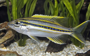 Striped Freshwater Fish Aquarium Scene Vivid Colors