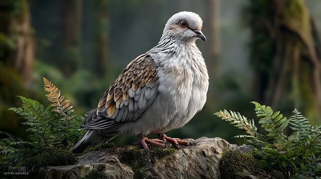 A white dove resting on a mossy rock in a tranquil forest glade, dappled light playing across its soft feathers. .jpg - Powered by Adobe