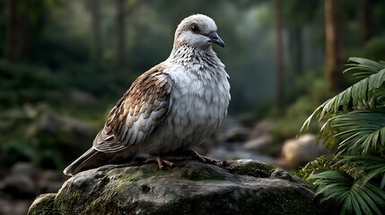 A white dove resting on a mossy rock in a tranquil forest glade, dappled light playing across its soft feathers. .jpg