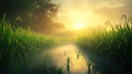 Misty sunrise over a rice paddy
