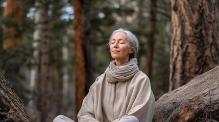 Senior woman practicing mindfulness meditation outdoors in peaceful forest setting for wellness and mental health