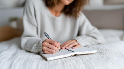 Woman in cozy sweater writing in journal on bed practicing mindfulness and self reflection routine