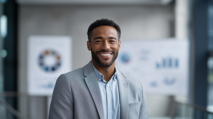 Happy business executive with warm smile representing corporate achievement and professional growth