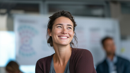 Confident businesswoman smiling in modern office environment showing professional success and leadership