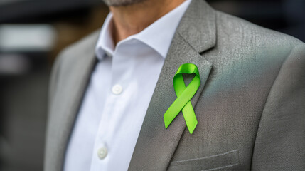 Professional businessman wearing green awareness ribbon supporting mental health and environmental causes