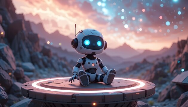 Cute robot doll sitting on a floating platform under a holographic sky
