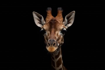 Naklejka premium Curious Baby Giraffe: Dramatic Close-up Portrait with Rim Lighting
