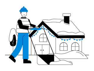 Man is cleaning snow in the yard. Snowy day illustration. Winter fun activity. Flat vector illustration.