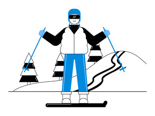 Man sport skiing on the mountain. Snowy day illustration. Winter fun activity. Flat vector illustration.