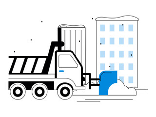 Snow removal transport truck on city road. Snowy day illustration. Winter fun activity. Flat vector illustration.