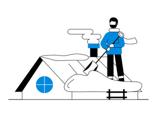 Man on top of house cleaning snow pile. Snowy day illustration. Winter fun activity. Flat vector illustration.