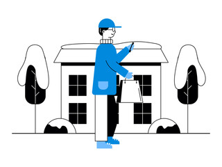 Man walking in winter season while carrying shopping bag. Snowy day illustration. Winter fun activity. Flat vector illustration.