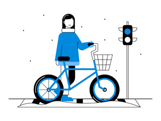 Bikers waiting traffic on street light. Snowy day illustration. Winter fun activity. Flat vector illustration.