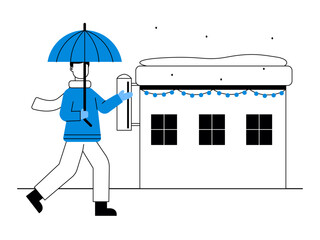 Man walking with umbrella during snowfall. Snowy day illustration. Winter fun activity. Flat vector illustration.