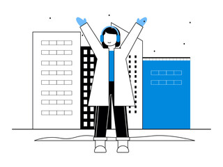 Trendy woman clothes coat, hand gloves and earplug raise hands. Snowy day illustration. Winter fun activity. Flat vector illustration.
