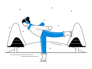 Beautiful woman skating during winter season. Snowy day illustration. Winter fun activity. Flat vector illustration.