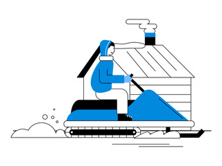 Man wearing warm jacket riding snowmobile. Snowy day illustration. Winter fun activity. Flat vector illustration.