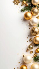 Fototapeta premium Festive gold and white christmas ornaments elegant decor holiday celebration modern setting aesthetic viewpoint luxury concept