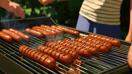 A family grilling hot dogs together at a backyard cookout